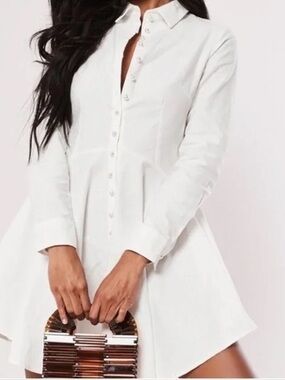 NWOT Missguided White Button-Front Long Sleeve Skater Shirt Dress